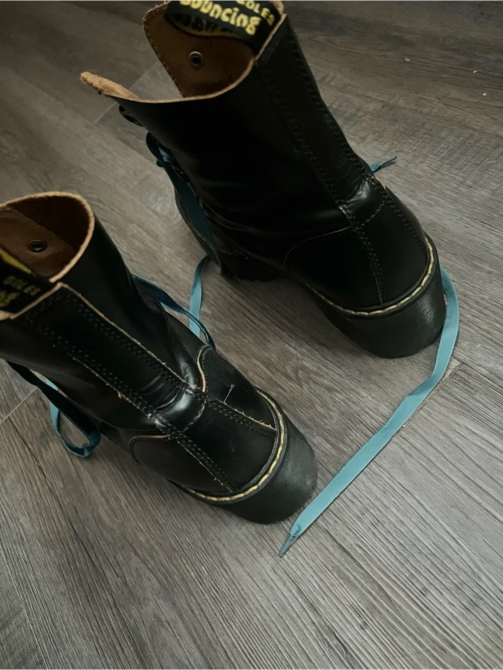 Dr. Martens Black Leather Combat Boots with Teal Laces - Picture 5 of 9